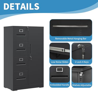 4 Drawer File Cabinet with Lock & 1 Door, Metal Storage Unit with Shelves and Hanging Rod, Vertical Filing Cabinet for Home Office, Fits Letter/Legal/A4/F4, Easy Assembly (Black) - color: Black