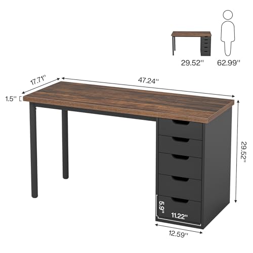 Tribesigns Computer Desk with 5 Drawers, 47 inches Rustic Brown Home Office Desk with Storage, Modern Simple Laptop Desk Study Writing Table for Small Spaces (1, Brown+Black) - color: Brown+black