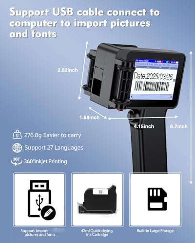 Handheld Inkjet Printer, Batch Code Printer for QRCode Time Picture Number, Small Date Printer with 42ml Fast Drying Ink Cartridge for Many Materials Inkjet Coder Print Height 0.08-0.5Inch
