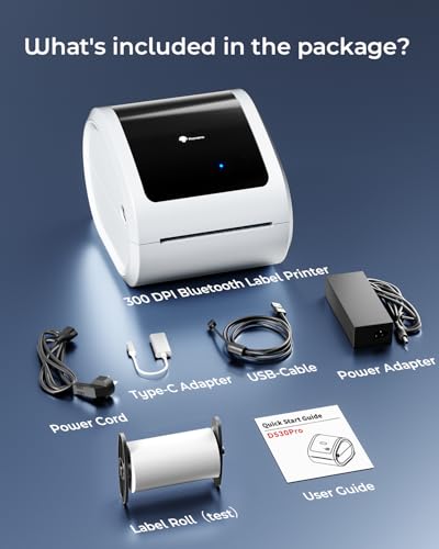 Phomemo Ethernet Thermal Label Printer, 300DPI with Built-in Paper Bin | D530Pro 4X6 Shipping Label Printer for Small Business, Home, Office, Compatible with Ethernet/Bluetooth/USB, Amazon, USPS - color: White