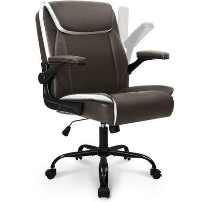 NEO CHAIR PU Leather Office Desk Chair with Adjustable Arms, Brown | Ergonomic Mid Back Computer Desk Chair Comfy with Wheels Swivel Rolling for Home Office Gaming Study - color: Brown