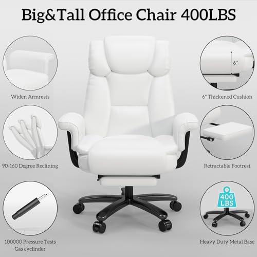 GYI 160 Reclining Office Chair with Footrest, Big & Tall Desk Chair, White | Cross Legged Seat, High Back, Faux Leather, Heavy Duty Base, Adjustable Height, for Home, Executive - color: White