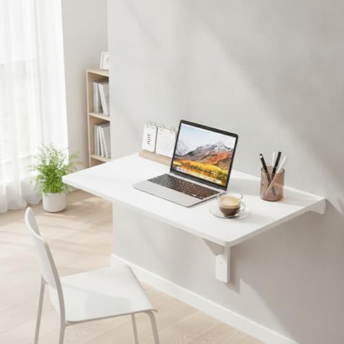 Tangkula 31.5" Wall Mounted Folding Desk, Drop-Leaf Floating Desk with Spacious Surface, Space-Saving Foldable Wall Table for Study, Bedroom, Laundry, Balcony & Small Spaces - color: White