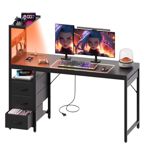 48 Inch Small Gaming Computer Desk with Led Lights & Storage Shelf, Black | Reversible, Power Outlets, 3 Drawers, PC Desk, Mesa Gamer, Compact Desk for Small Space, Bedroom, Home Office - color: Black, size: 48 Inch