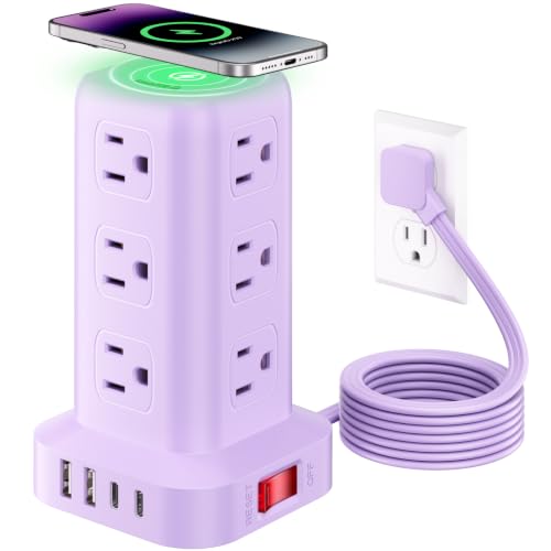 Extension Cord with Multiple Outlets, SMALLRT Outlet Extender with 12 AC Outlets 4 USB, 6.5FT Power Strip Tower for Home Office Supplies, Purple - color: Purple, size: 6.5 Ft with wireless charging