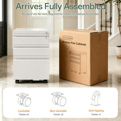 3 Drawer Mobile File Cabinet with Lock, Fully Assembled - color: White