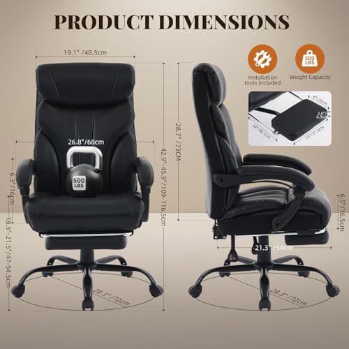 Office Chair with Footrest 500 LBS, Heavy Duty Executive Leather Desk Chair 100-135° Recline, Ergonomic Computer Chair for Heavy People Long Hours Work with Retractable Footrest, Black - color: Black With Footrest