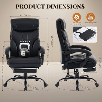 Office Chair with Footrest 500 LBS, Heavy Duty Executive Leather Desk Chair 100-135° Recline, Ergonomic Computer Chair for Heavy People Long Hours Work with Retractable Footrest, Black - color: Black With Footrest