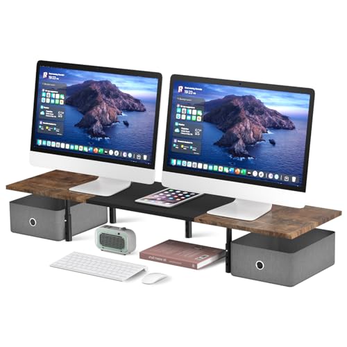 Suptek Dual Monitor Stand Riser with Two Drawers,Monitor Riser for 2 Monitors with Storage, Extra Large Storage for 2 Monitors, Multifunctional Desktop Organizer,Desktop Oraganizer Computer,Laptop,Printer,TV