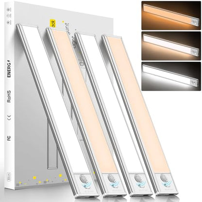 11.82 inch Under Cabinet Lighting, 4 Pack Magnetic Closet Lights | 2000mAh with Motion Sensor, 54 LED, 3Color Temperature, USB-C Charging, Durable and Easy-to-Install - size: 30cm