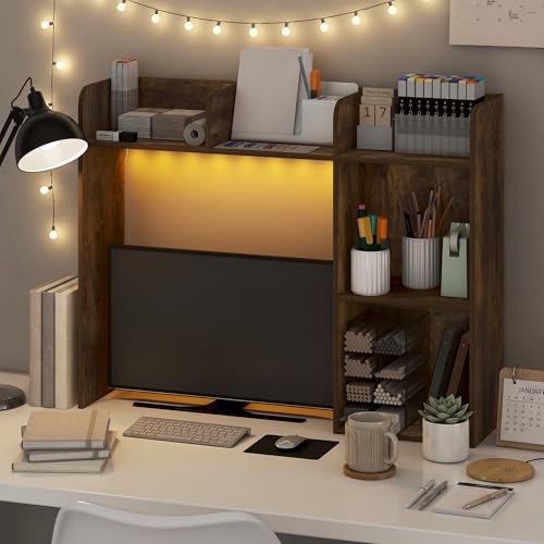 Furinno Classic Desk Shelf with LED Lights, 5-Shelf Hutch, Amber Pine | LED Desktop Book Shelf, Desk Organzier, for Office Supplies, Office Desk Accessories - color: Amber Pine