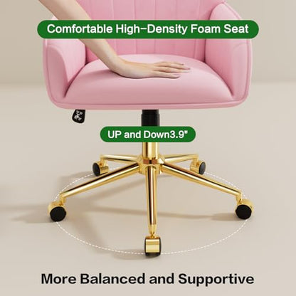 Pink Velvet Desk Chair with Pillow, Upholstered Home Office Desk Chair Makeup Vanity Chair with Swivel Wheels, Ergonomic Office Chair Computer Task Chair for Living Room, Bedroom - color: Pink