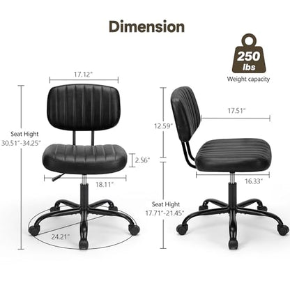 Armless Office Chair, Swivel Rolling PU Leather Vanity Chair with Back Lumbar Support Height Adjustable Computer Chair, Small Desk Chair for Home Office (Black) - color: Black