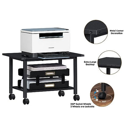 Lerliuo Under Desk Printer Stand, 2-Tier Industrial Mobile Printer Table with Storage Shelf and Steel Frame, Rolling Printer Cart Holder with Lockable Wheels for Home, Office (Black) | Black Small Mobile Printer Cart Desk for Home Office, Lockable Wheels,