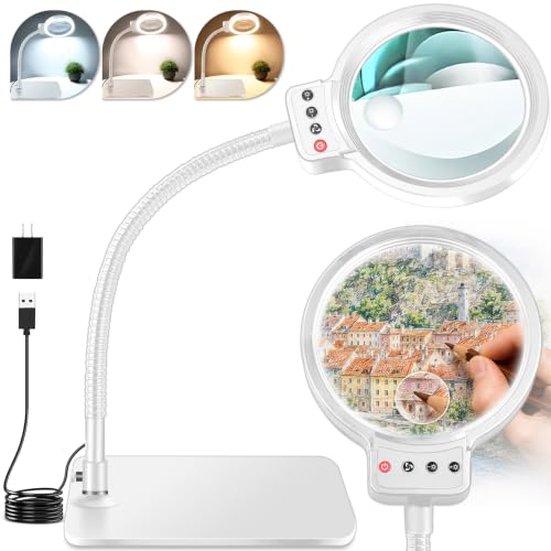 30X 10X Magnifying Glass with Light and Stand, LED Desk Lamp for Close Work - color: White