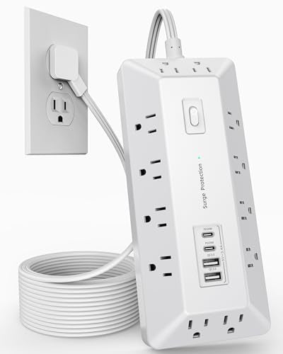Extension Cord with USB Ports, 12 AC Outlets & 4 USB (2 USB-C Fast Charging), 6 FT Flat Plug Power Strip Surge Protector with Multiple Outlets, Cable Management for Home Office, Dorm Room (White) - size: 6FT, style: Desk Socket-White
