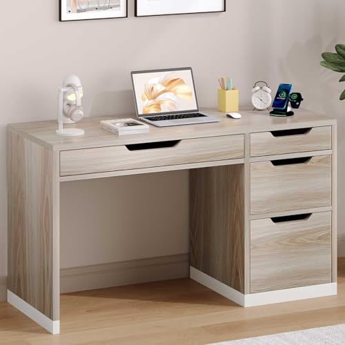 MaverickFurni Small Desk with Drawers, 52 Inch Home Office Desk with Storage for Bedroom, Computer Desk with Filing Drawer for Small Space, Light Walnut - color: Light Walnut, size: 52 Inch