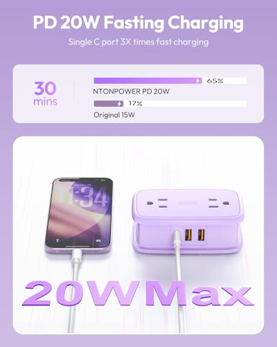 NTONPOWER 20W Purple Travel Power Strip, Travel Essentials 4 Outlets 3 USB(1 USB-C) with 4FT Wrapped Extension Cord Flat Plug, Vacation Essentials for Hotel Travel Camping Cruise Essentials 2026 - size: 1 Pack 4 Outlets 1 USB-C 2 USB-A, style: 20W-Purple