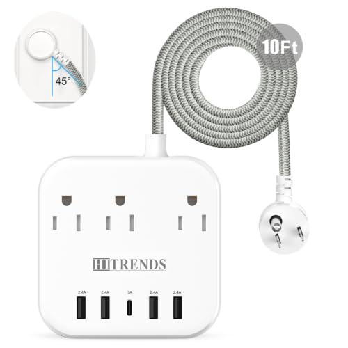 Surge Protector Power Strip, 10FT Extension Cord, 3 Outlets 4 USB-A 1 USB-C (5V/3A), 45° Flat Plug Wall Mountable for Home Office, Dorm, Cruise Ship, Nightstand - size: 10FT