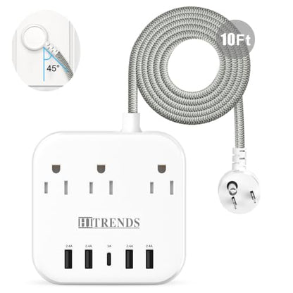 Surge Protector Power Strip, 10FT Extension Cord, 3 Outlets 4 USB-A 1 USB-C (5V/3A), 45° Flat Plug Wall Mountable for Home Office, Dorm, Cruise Ship, Nightstand - size: 10FT
