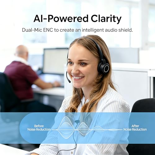 VT Wired UC-Headset with 2-Mic AI Noise-Cancelling - Work Headphones with USB-C/A for PC/Laptop/IP Phones for MS Teams,Genesys,3CX,Bria,Avaya Workplace,Cisco Jabber,GoogleMeet, Zoom,etc. (Binaural) - size: Binaural