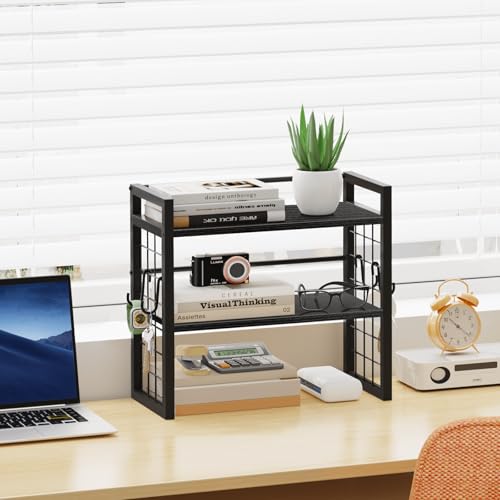 ELITEROO Desk Shelf Organizer, 2 Tier Wooden Desktop Bookshelf, Black - color: Black