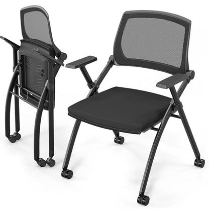 VINGLI 2 Pack Stackable Conference Room Chairs with Wheels, Folding Office Chair with Rebound Back, Padded Seat for Training Room, Guest, Reception, Event, Capacity 350lbs, Black - size: 2 Pack