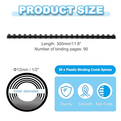 PATIKIL 12mm (1/2") Plastic Binding Combs, 50 Pcs 21 Rings Comb Binding Spines 90 Sheet Capacity Letter Size for Binding Paper Sheets, Black - color: Black, size: 12mm