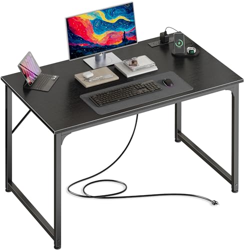 40 X 24 Inch Deeper Desk with Power Outlets | Small Computer Desk for Bedroom, Office Desk for Work from Home, Writing Study Gaming Table, Stable Metal Frame, Black - color: Black, size: 39.4*23.6 inch