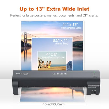 Bonsaii Laminator, 13 Inch 7-in-1 Thermal Laminator Machine with Never Jam Technology, with 40 Laminting Sheets for Home, Office, and Classroom Organization Supplies | 7-in-1 with cutter & corner rounder, 3 heat modes (3/5mil/photo), 4-min preheat, fit 11
