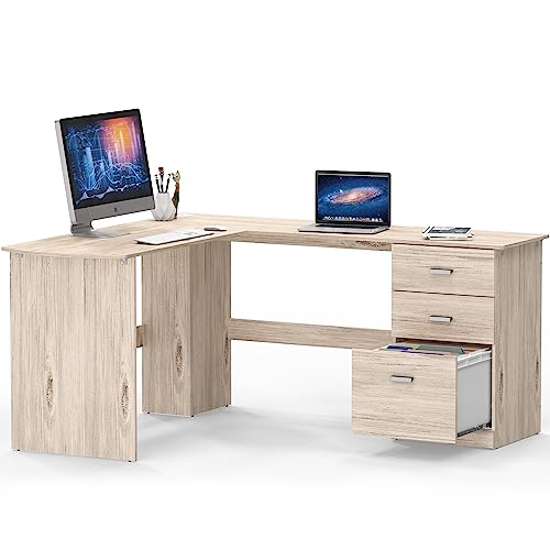 SHW L-Shaped Home Office Wood Corner Desk w/Box Box File Drawers, Maple | 51 x 59 Inches | 2 Pre-installed Grommets - color: Maple
