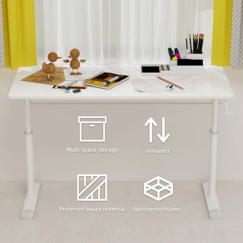 47" Small Computer Lift Desk for Home Office, Sit Standing Up Study Writing Table with Height Adjustable, Manual Crank Sit Stand Up Desk for Kids & Adults, Heavy Duty 330lbs (White 47") - color: White 47"