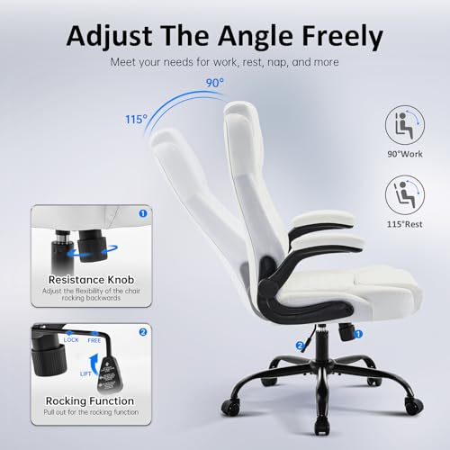 amseatec Big and Tall Office Chair, Flip-Up, Executive Desk Chair, White | Ergonomic Leather High Back, Lumbar Support, 90 °Lock, 115° Tilt, 20 Spring Packs, 300lbs Capacity, Wide Seat/Smooth Casters - color: White