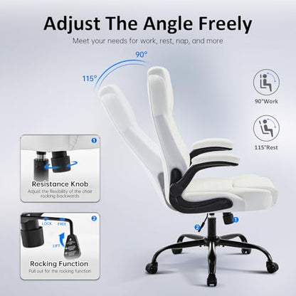 amseatec Big and Tall Office Chair, Flip-Up, Executive Desk Chair, White | Ergonomic Leather High Back, Lumbar Support, 90 °Lock, 115° Tilt, 20 Spring Packs, 300lbs Capacity, Wide Seat/Smooth Casters - color: White