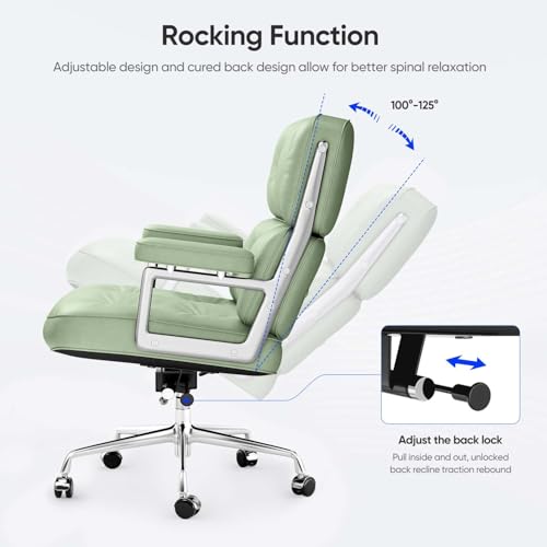 Genuine Leather Office Chair, Mid Back Executive Desk Chairs with Aluminum Arms and Wheels, Swivel Office Leather Chair with Thickened Backrest and Ergonomic Lumbar Support, Light Green - color: Light Green