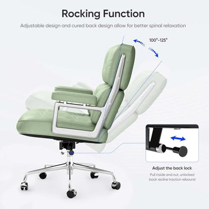 Genuine Leather Office Chair, Mid Back Executive Desk Chairs with Aluminum Arms and Wheels, Swivel Office Leather Chair with Thickened Backrest and Ergonomic Lumbar Support, Light Green - color: Light Green