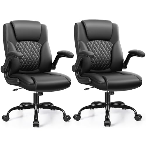 Leather Office Chair, PU Home Computer Desk Chairs with Ergonomic Back Support, 360°Swivel Free，Small Gaming Chair with Wheels and Adjustable Armrests, for Short People Use - color: Black, size: 2 Pack