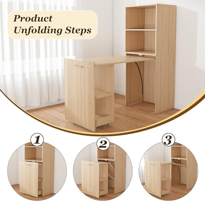 Light Wood Folding Desks with Storage Shelves for Small Spaces(Natural) | Foldable Murphy Desk with Bookcase, Space Saving Compact Computer Table, Pull Out Writing Table for Apartment - color: Natural Wood