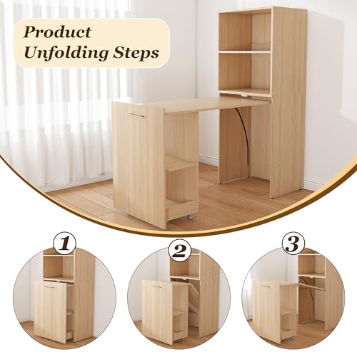Light Wood Small Folding Desk with Storage Shelves & Bookcase(Natural.) | Expandable Hidden Computer Desk, Space-Saving Pull Out Murphy Table, Writing Table with Wheels for Home Office Bedroom - color: Natural Wood.