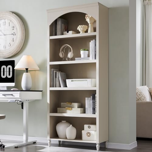 IFGET 76" Tall Arched Bookcase, Farmhouse Large Arched Bookshelf, Cream | 5 Tiers Arch Cabinet w/Adjustable Shelves, Modern Wooden Book Shelf w/Storage & Open Display Shelves for Living Room, Office - color: Cream, size: Large