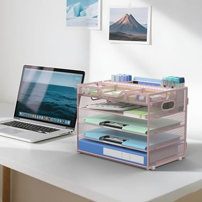 Docnest 5 Tier Mesh Desk Organizer with Removable Tray&Pen Holder, Pink - color: Pink, size: 12.6"x9.1"x10.3"