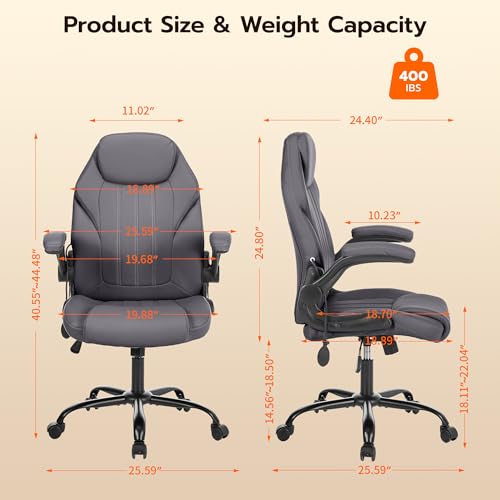Ylzyxal Office Desk Chair, Ergonomic Computer Chair with Padded Flip-Up Arms and Adjustable Lumbar Support, PU Leather Executive Chair with Tilt Lock and 360° Swivel Rolling Wheels for Work, Study - color: Grey
