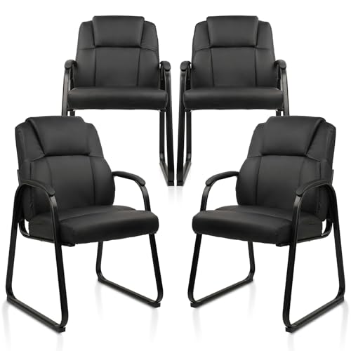 CLATINA Leather Guest Chair with Padded Arm Rest for Reception Meeting Conference and Waiting Room Side Office Home Black with Sled Base 4 Pack - color: Black-seldbase, size: 4 Pack