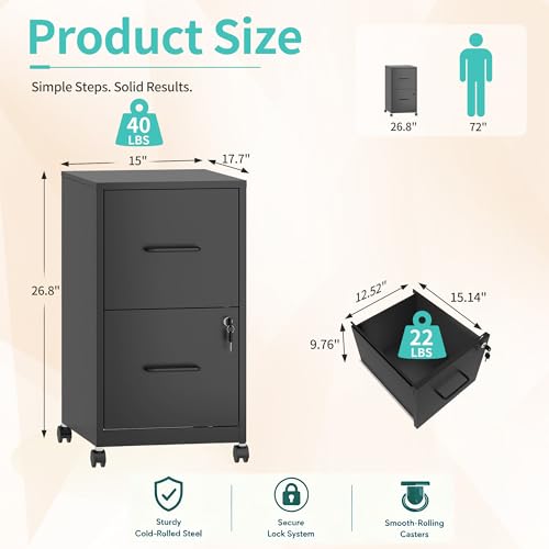 SAWJEC 2 Drawer Metal File Cabinet with Lock, Black Mobile Filing Cabinet | 17.7"D x 15"W x 26.8"H, Black Mobile Locking File Cabinet, Assembly Required, Fits Letter Hanging Files - color: Black, size: 17.7"D x 15"W x 26.8"H