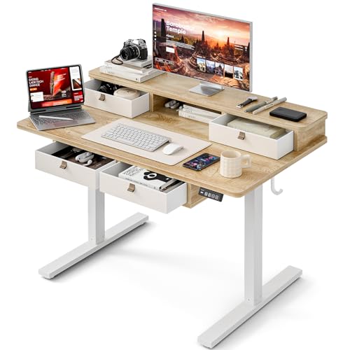 Grandder Electric Standing Desk with Four Drawers, Sit to Stand Up Height Adjustable Desk with Storage Shelf for Home Office, 47 * 28 Inch, Study, Ergonomic Adjustable Computer Desk, Oak - color: Oak With 4 Drawers, size: 47 Inch