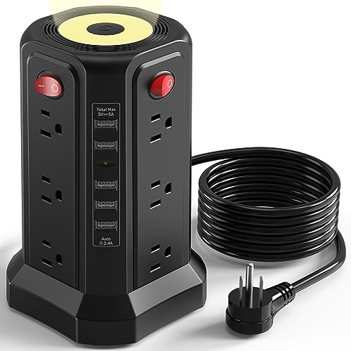 Surge Protector Power Strip with 10FT Cord 1625W|13A | Power Tower with 5 USB Ports and Night Light, Outlet Tower with 12 AC Outlets Overload Protection for Home Office (Black-13A) - color: Black-13A