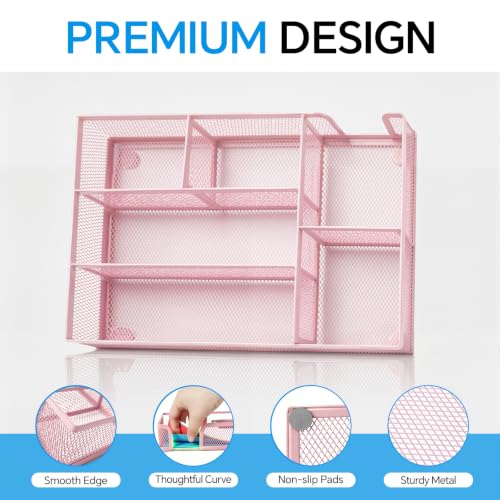 Desk Drawer Organizer, Office Drawer Divider Organizer Tray with 6 Compartments, Metal Mesh Desktop Organization and Accessories for Stationery Makeup Kitchen Toolroom School ＆Office (Large-Pink) - size: Large-Pink
