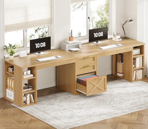 SEDETA Farmhouse 96.5" 2 Person Computer Desk with Storage Drawers | Home Office Desk, Gaming Double Desk with Shelves, Long Two Person Writing Desk, Oak - color: Oak
