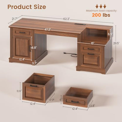 SEDETA Farmhouse Executive Desk, 62'' Home Office Desk with File Drawers, 3Drawer and Storage Cabinet, Computer Desk with Power Outlet for Home Office, Work Study Writing, Walnut - color: Walnut
