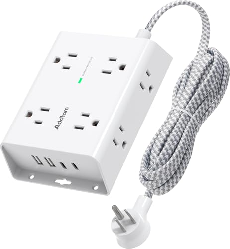 Addtam Surge Protector Power Strip, 8 Widely Outlets with 4 USB Ports (2 USB C), 10ft Extension Cord with Multiple Outlets, 3 Side Outlet Extender, Flat Plug, Wall Mount, ETL, White - color: White, size: 10 Ft